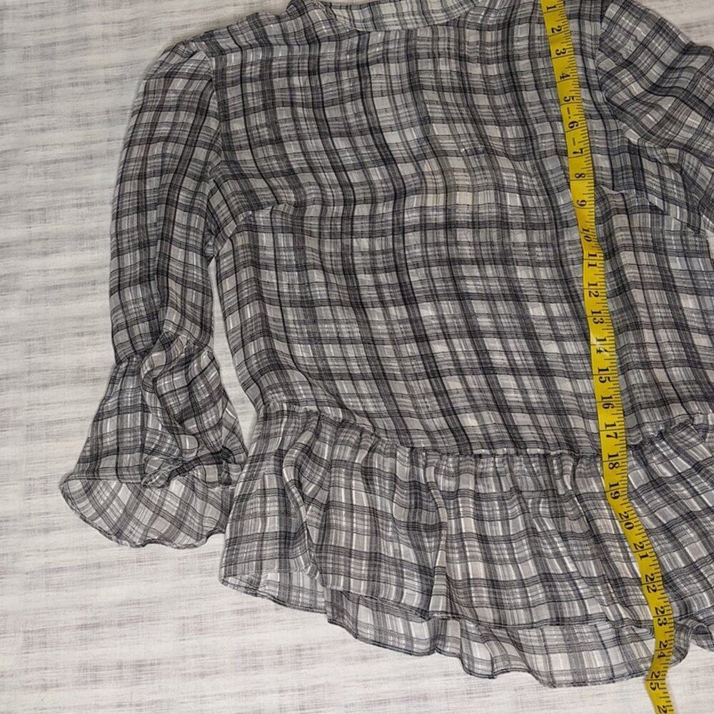 MINKPINK NWT Preppy Semi Sheer Check Plaid Blouse High Neck Ruffle Black White - Picture 6 of 11